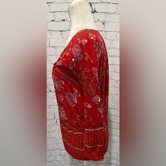 Lucky Brand Women Red Floral Long Sleeve Top Size Medium - Picture 2 of 6